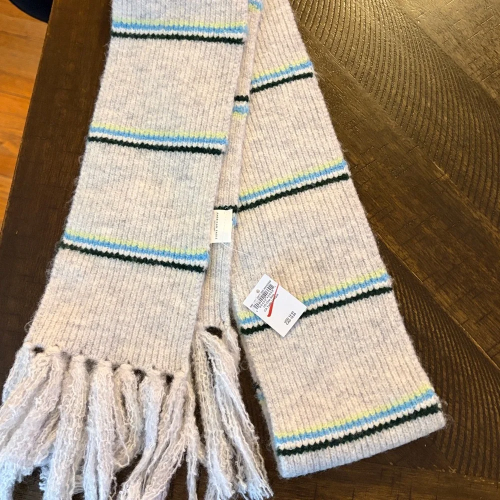 American Eagle NWT Gray Striped-light navy blue/white/green-Knit Scarf w/Fringe